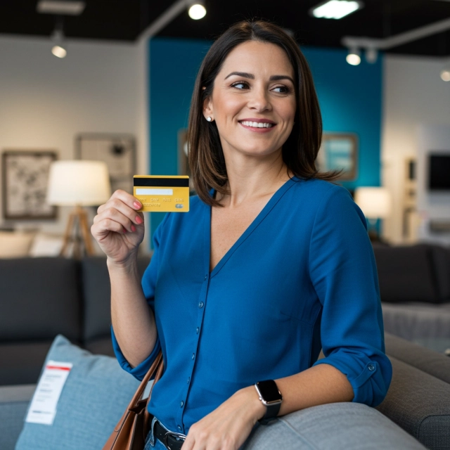 Mulher sorrindo segurando cartão de crédito azul