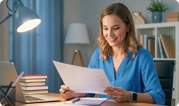 Mulher segurando documentos com informações transparentes sobre taxas